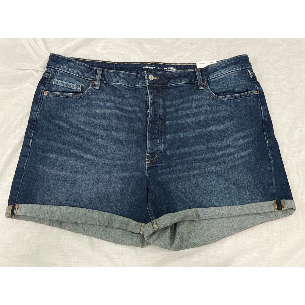 NWT WOMENS OLD NAVY HIGH RISE CURVY O.G. STRAIGHT DENIM SHORTS-SIZE 24-MED BLUE